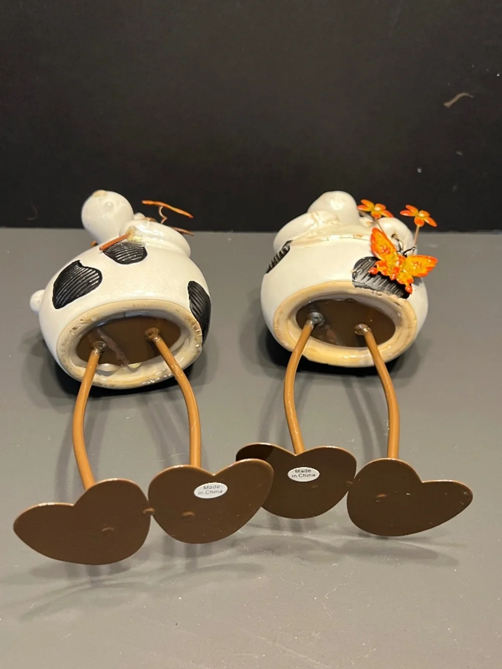Long Leg Black & White Cow Holding Bird House, Bird and Flowers Set of 2 RARE